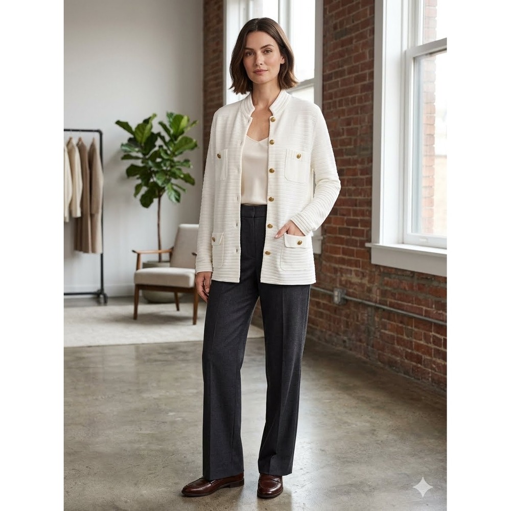 Dialogue White Ribbed Knit Cardigan Gold Button Mock Neck Sweater Large